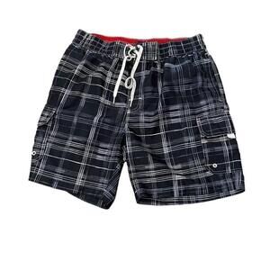 MENS Black & White Plaid Elastic Drawstring Waist Swim Board Short M